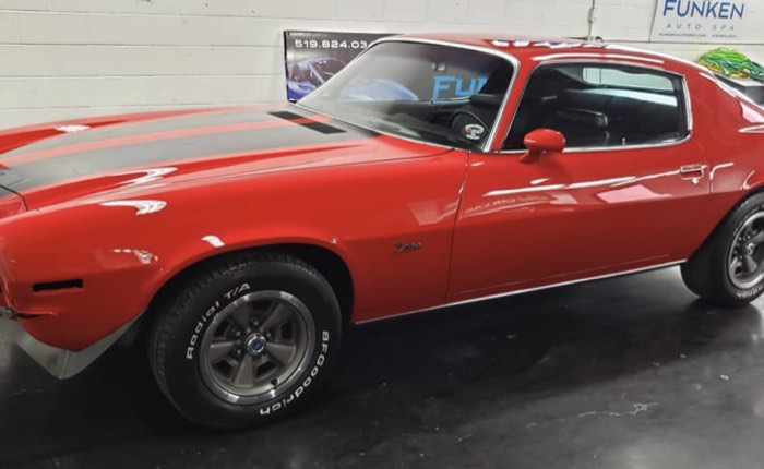 Red Chevrolet Camaro Z28 in the detailing bay at Funken Auto Spa, Guelph, Ontario