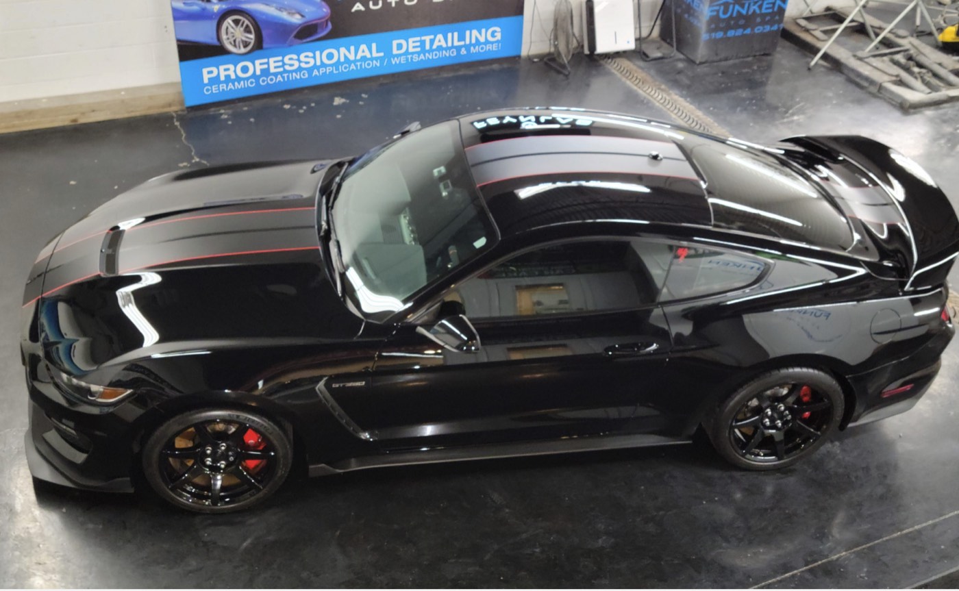 Ford Mustang Shelby GT350 with corrected, ceramic-coated black paint at Funken Auto Spa, Guelph